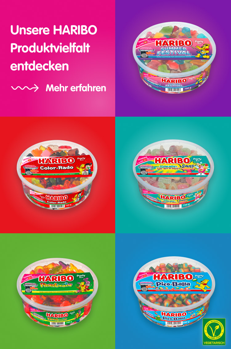 Unsere HARIBO Produktvielfalt entdecken; teilnehmende Aktionsdosen: HARIBO Summer Festival 750g Dose, HARIBO Pico Balla 660g Dose, HARIBO Sauer Brenner 750g Dose, HARIBO Color-Rado 750g Dose, HARIBO Phantasia 750g Dose
